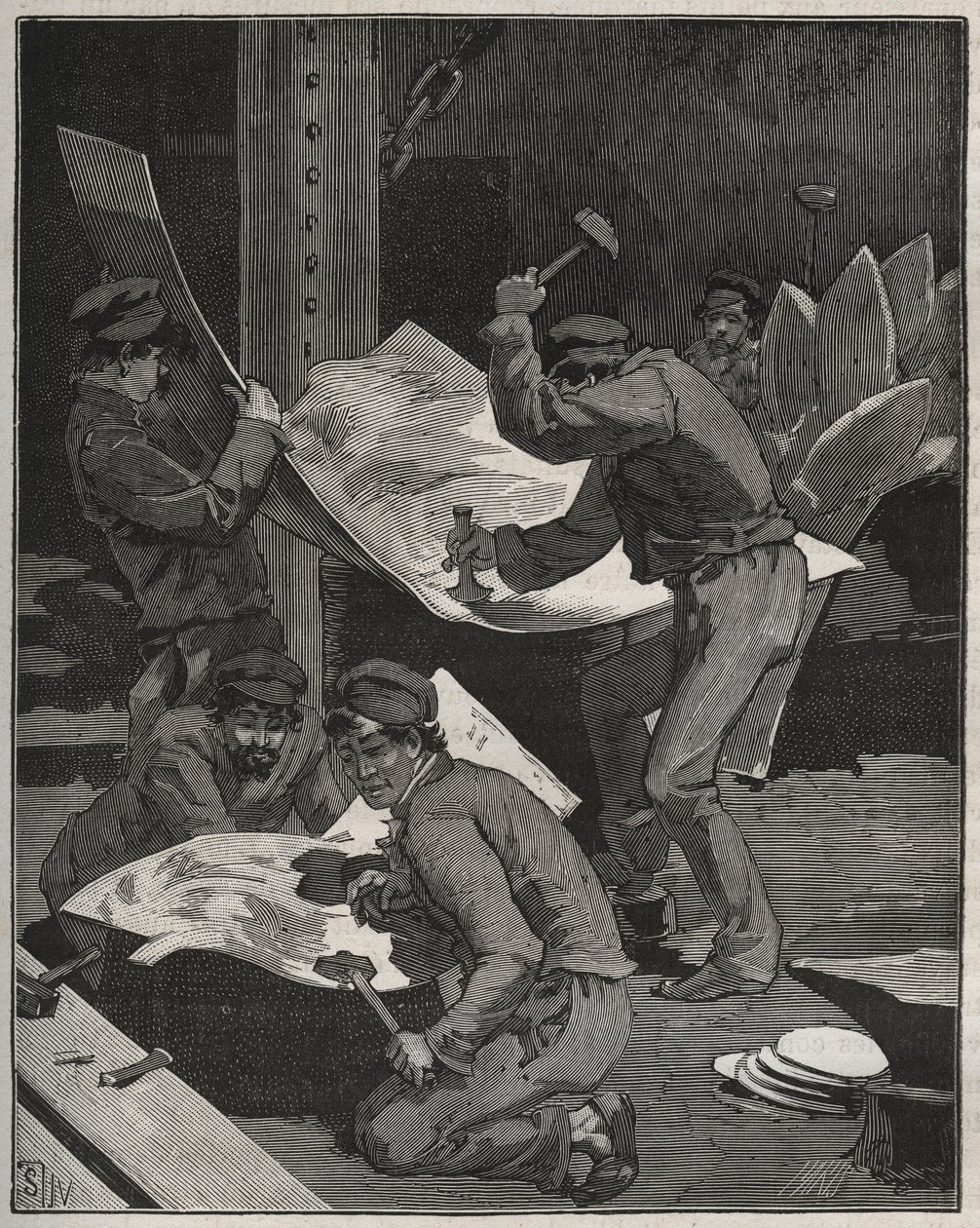 دق وتجميع قطع تمثال الحرية الذي صنعه فريدريك أوغست بارتولدي (1834-1905). نقش من عام 1880 في "" Les Arts et metiers Illustres "" لأدولف بيتارد. بواسطة المدرسة الفرنسية