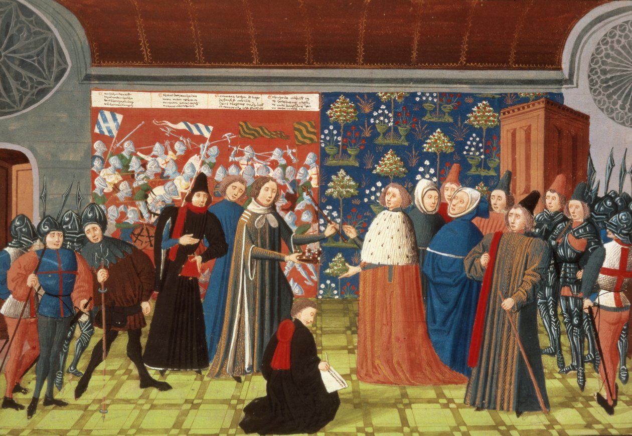 Harl.4380 f.184v Richard II يعطي التاج لإيرل ديربي ، من Froissart's Chronicle، Vol IV (vellum) بواسطة المدرسة الفرنسية