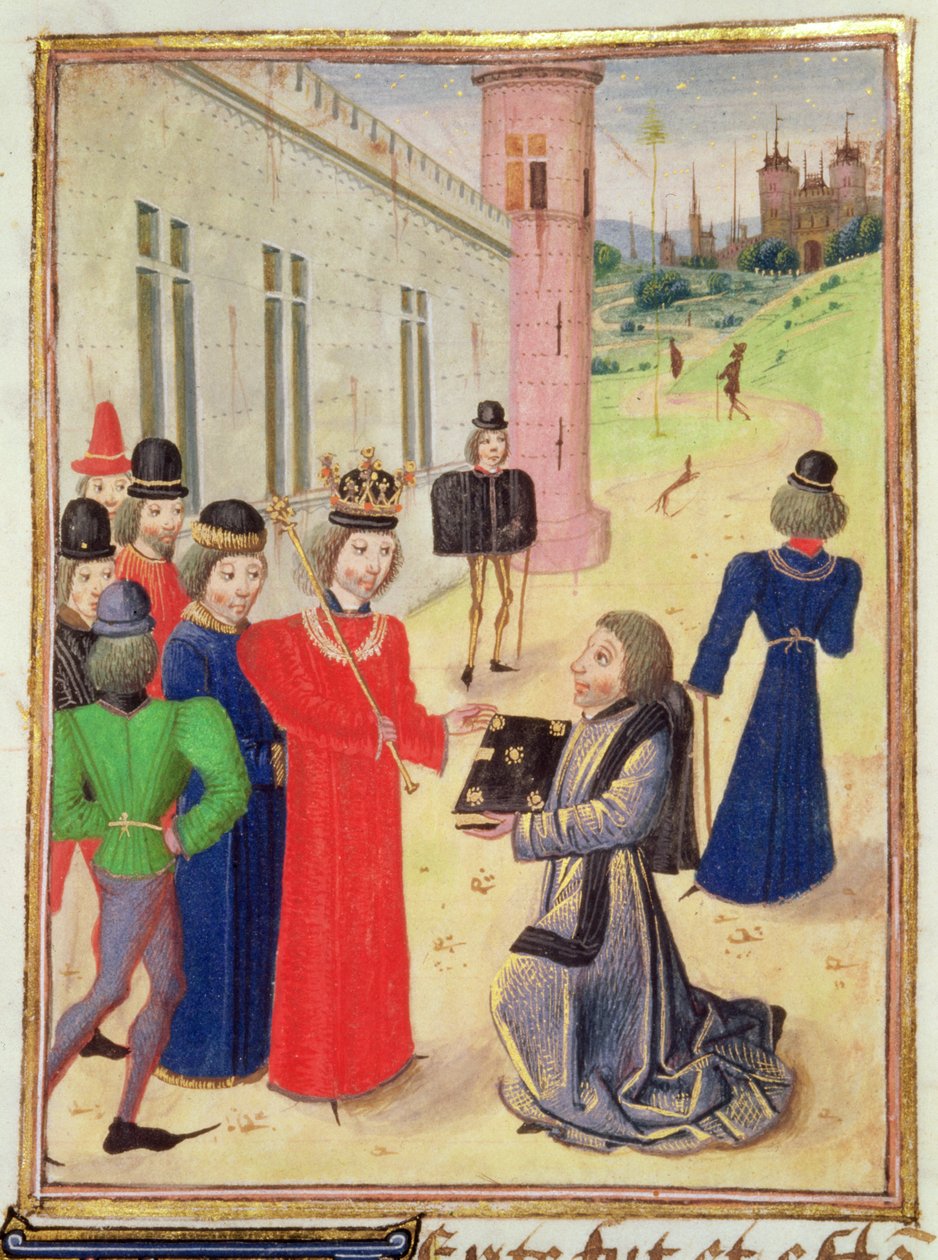 يقدم Harl 4380 f.233v Froissart كتابه لريتشارد الثاني ، من Froissart