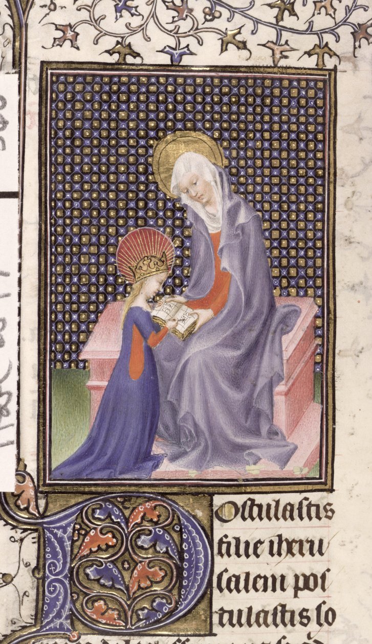 Harley 2897، f.340v: القديسة آن تُدرس العذراء ، مكتوبة ومضيئة في باريس (ورق رقي) بواسطة المدرسة الفرنسية