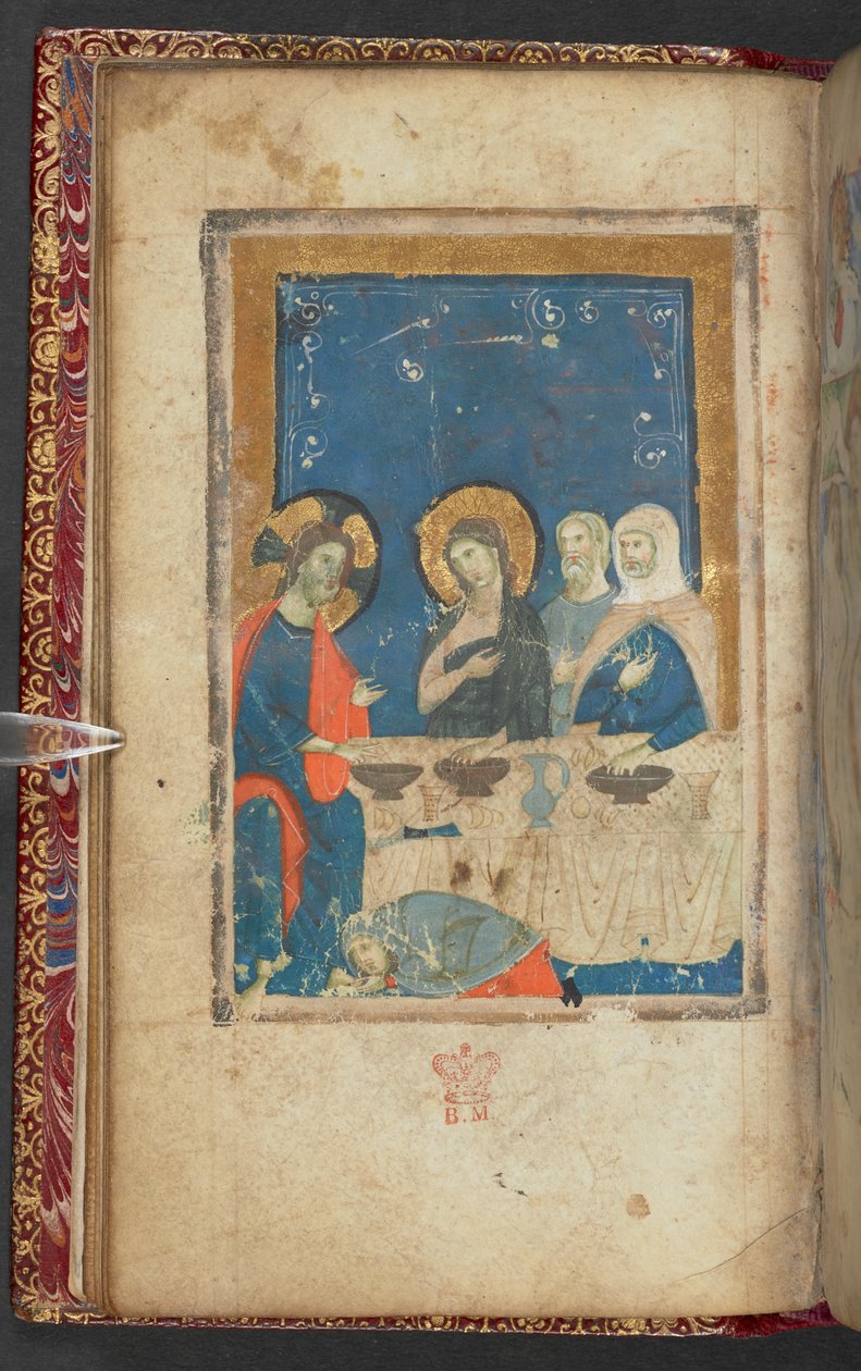 Harley 2928، f.16v، The Meal at the House of Simon the Pharisee (ورق) بواسطة المدرسة الفرنسية