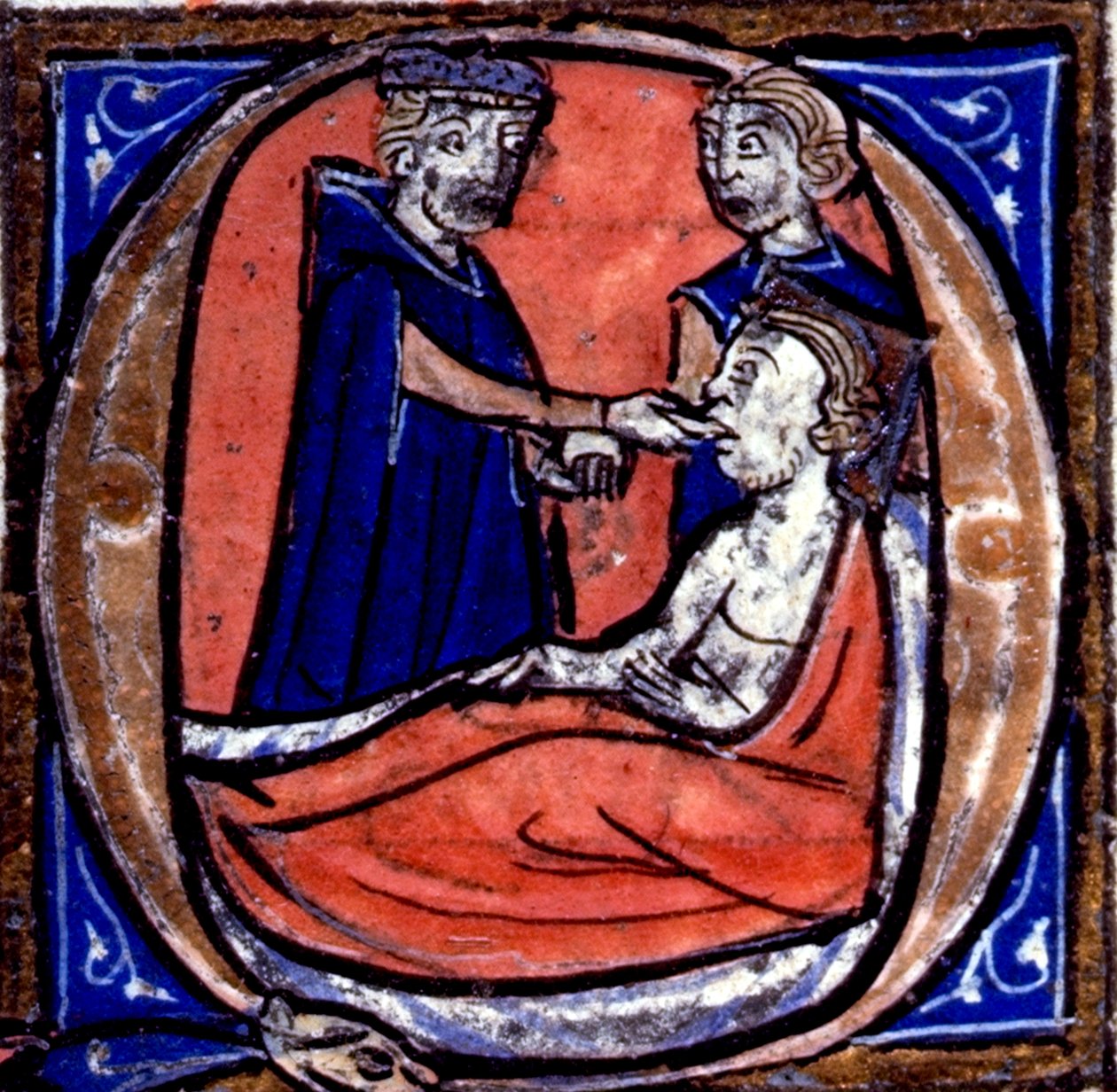 Harley 3140 fol.39 "Q" الذي يصور أبقراط (460-377 قبل الميلاد) مع مريض ، من "De Regimine Acutorum" (رق) بواسطة المدرسة الفرنسية