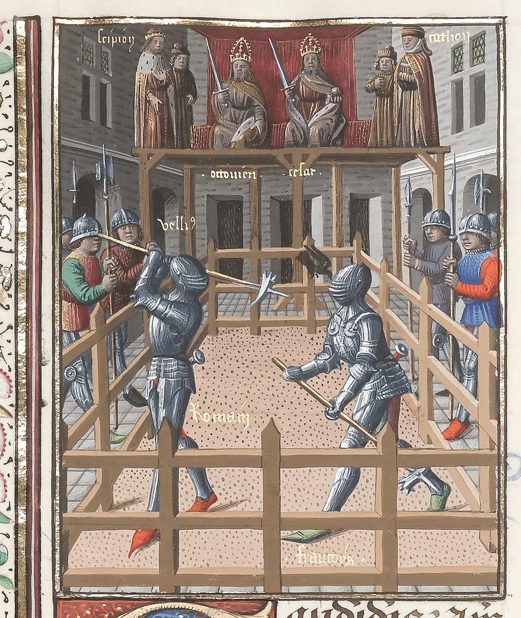 Harley 4375 f.171v ، فارسان يتصارعان مع بولاكس ، من "Valerius Maximus" ، حوالي 1473-80 (رق) بواسطة المدرسة الفرنسية