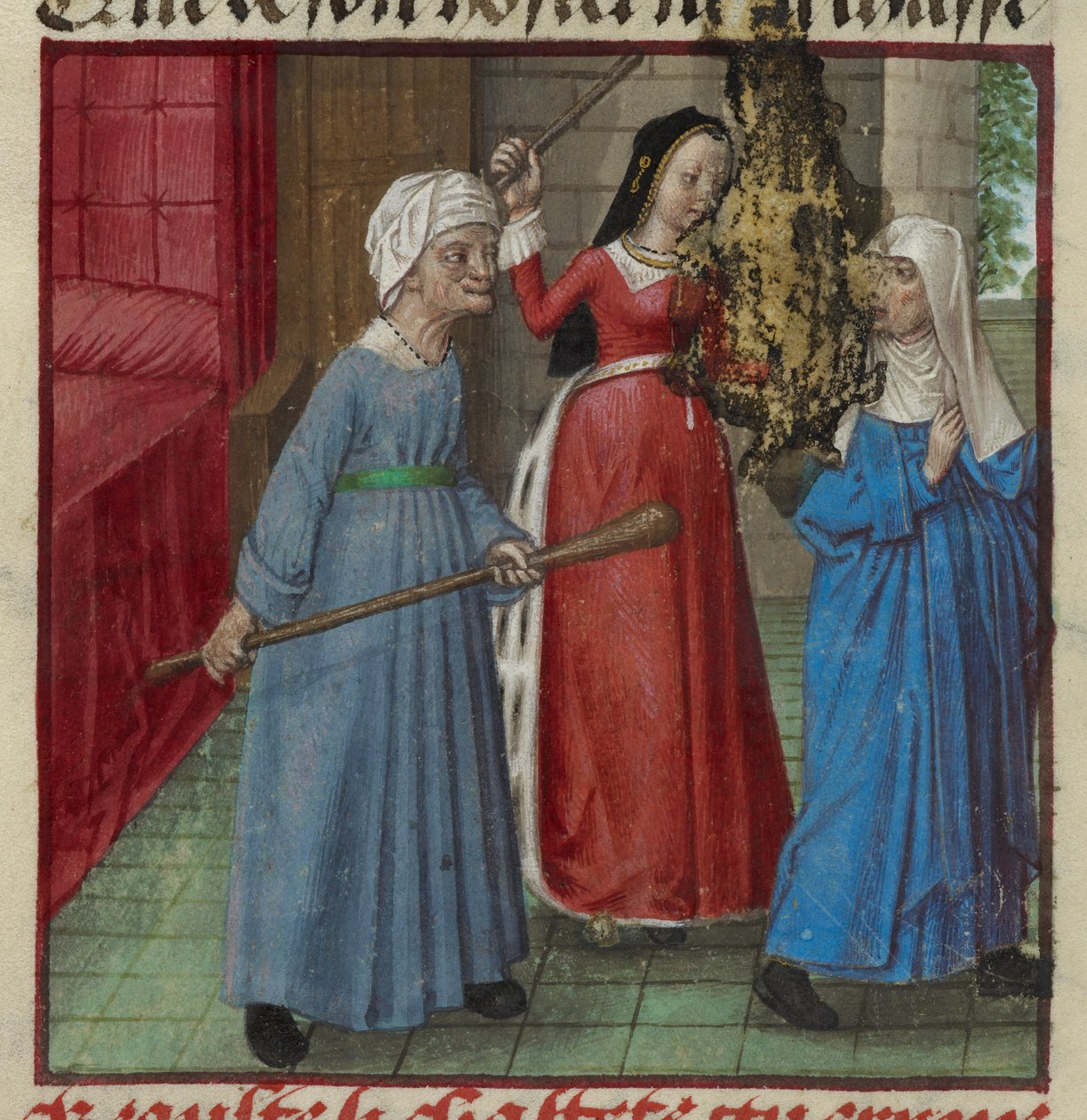 Harley 4425 fol.81v Miniature of Beaute (Beauty) و Laideur (قبح) يقاتل Chastete (Chastity) من Roman de la Rose ، حوالي 1490-1500 (ورق) بواسطة المدرسة الفرنسية