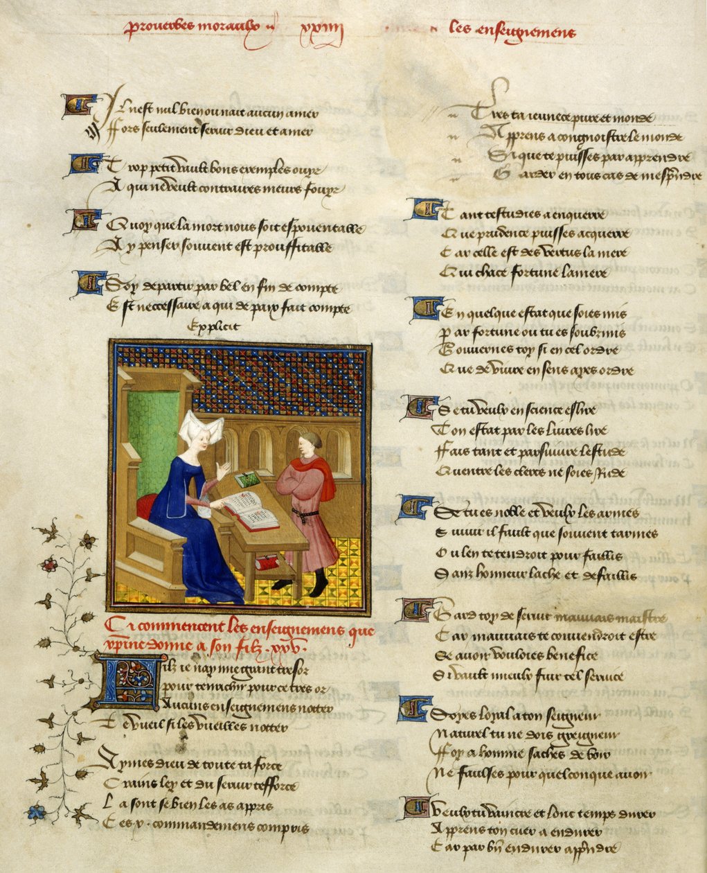 Harley 4431، f.261v Christine de Pisan وابنها ، رسم توضيحي من "الأعمال المجمعة لكريستين دي بيسان" بواسطة المدرسة الفرنسية