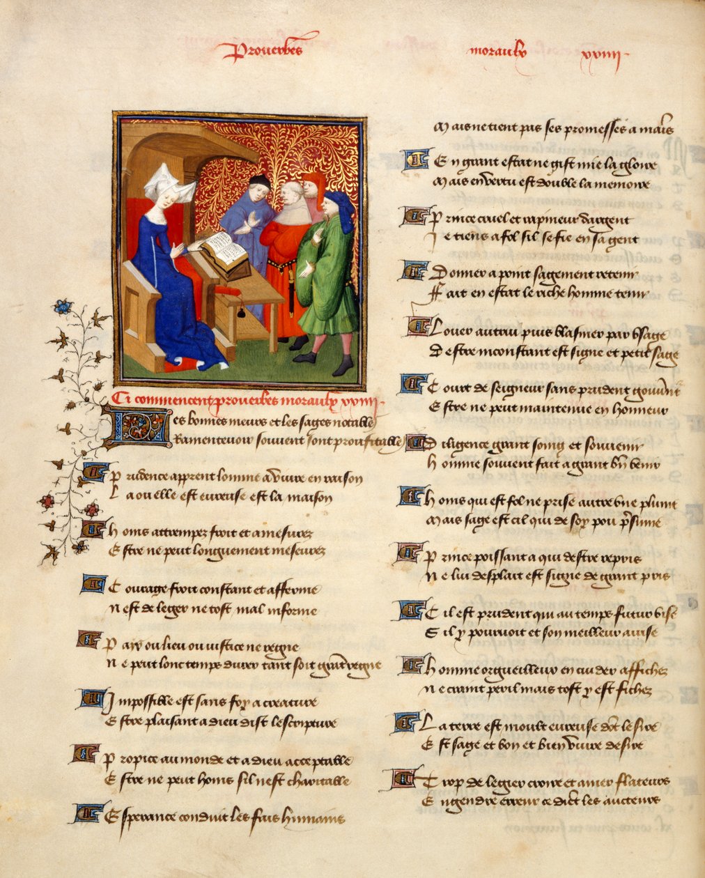 Harley 4431، Volume II، f.259v صورة مصغرة لامرأة تقرأ الأمثال الأخلاقية في بداية "الأمثال moraux" ، من "كتاب الملكة" ، بقلم كريستين دي بيزان ، ج 1410-14 (الحبر واللون والذهب على الرق) بواسطة المدرسة الفرنسية