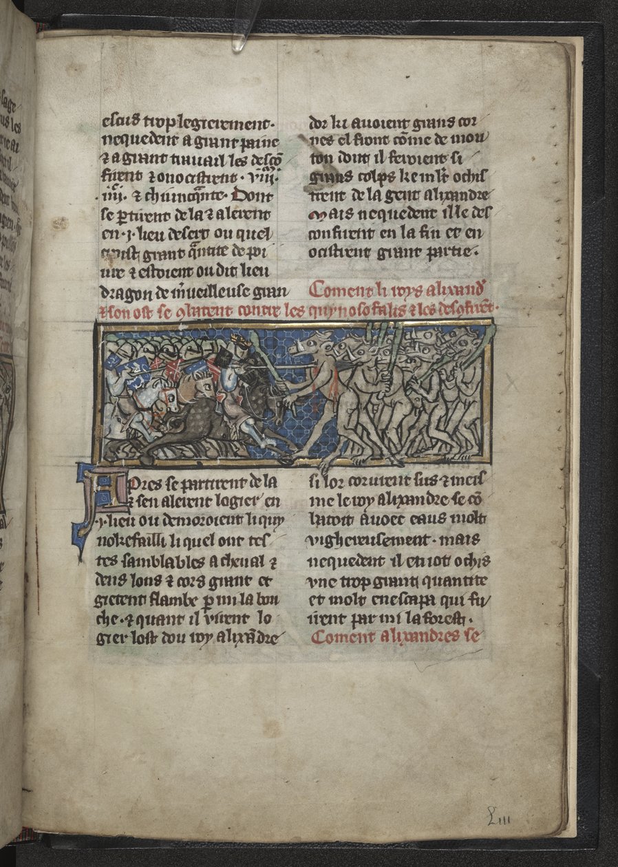 Harley MS 4979 f.72r Alexander يتقاتل الرجال برؤوس خيول ، من "Roman d