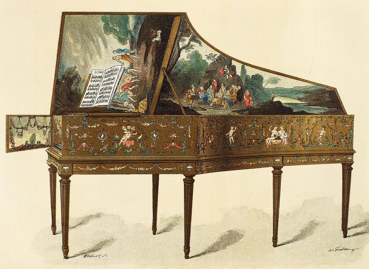 Harpsichord مزخرف بشظايا ، رسم توضيحي من قاموس الأثاث والديكور ، بقلم هنري هافارد ، المجلد الأول بواسطة المدرسة الفرنسية