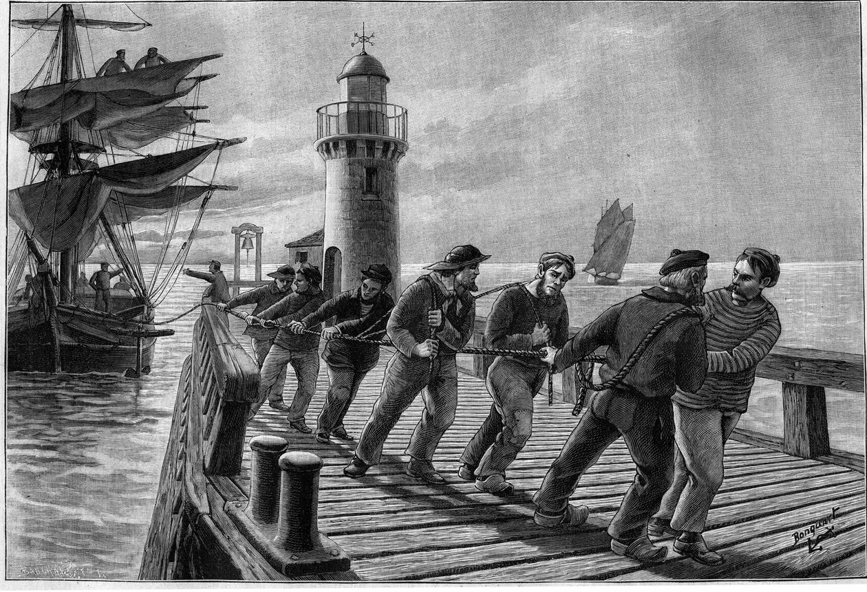 جرّافون يجرون قاربًا ، أواخر القرن التاسع عشر. نقش في "" Journal des Voyages "" بتاريخ ٢٦ مارس ١٨٩٩. بواسطة المدرسة الفرنسية