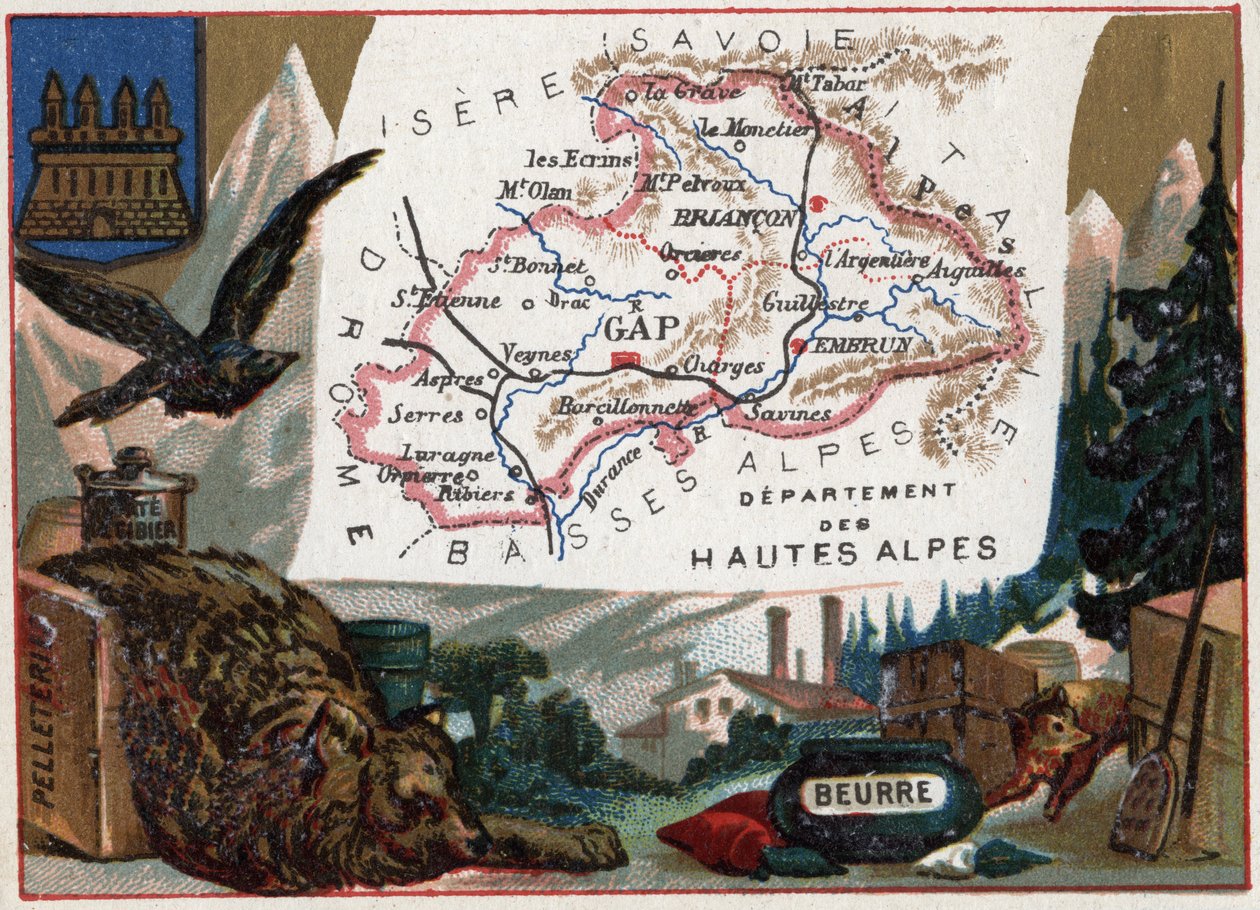 Hautes Alpes (Hautes-Alpes، 05)، Provence-Alpes-Cote d'Azur (Provence Alpes Cote d'Azur)، France. التخصص المحلي: جلود الفرو ، لعبة ، رابتور وزبدة. سلسلة عن الأقسام الفرنسية. الطباعة الحجرية الملونة (Chromo) "" الخيط الجغرافي ""  بواسطة المدرسة الفرنسية