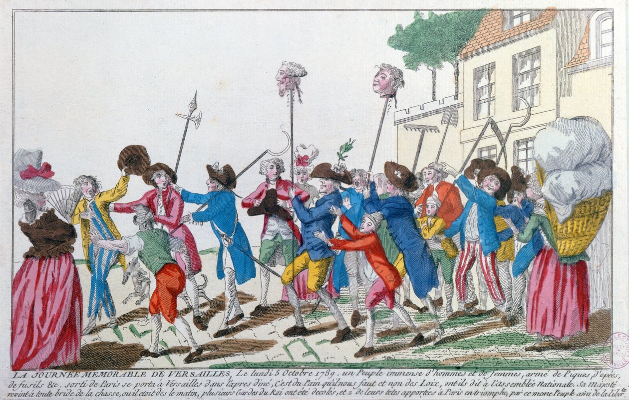 رؤساء اثنين من حراس الملوك الذين قتلوا في 5 أكتوبر 1789 في فرساي على يد الغوغاء الباريسيين يتم نقلهم إلى باريس بواسطة المدرسة الفرنسية