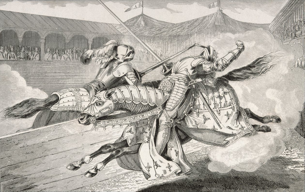أصيب هنري الثاني (1519-59) بجروح قاتلة في صراع أثناء احتفالات زفاف ابنته ، من "هيستوار دي فرانس" من قبل كولارت ، نُشر عام 1840 هـ. بواسطة المدرسة الفرنسية