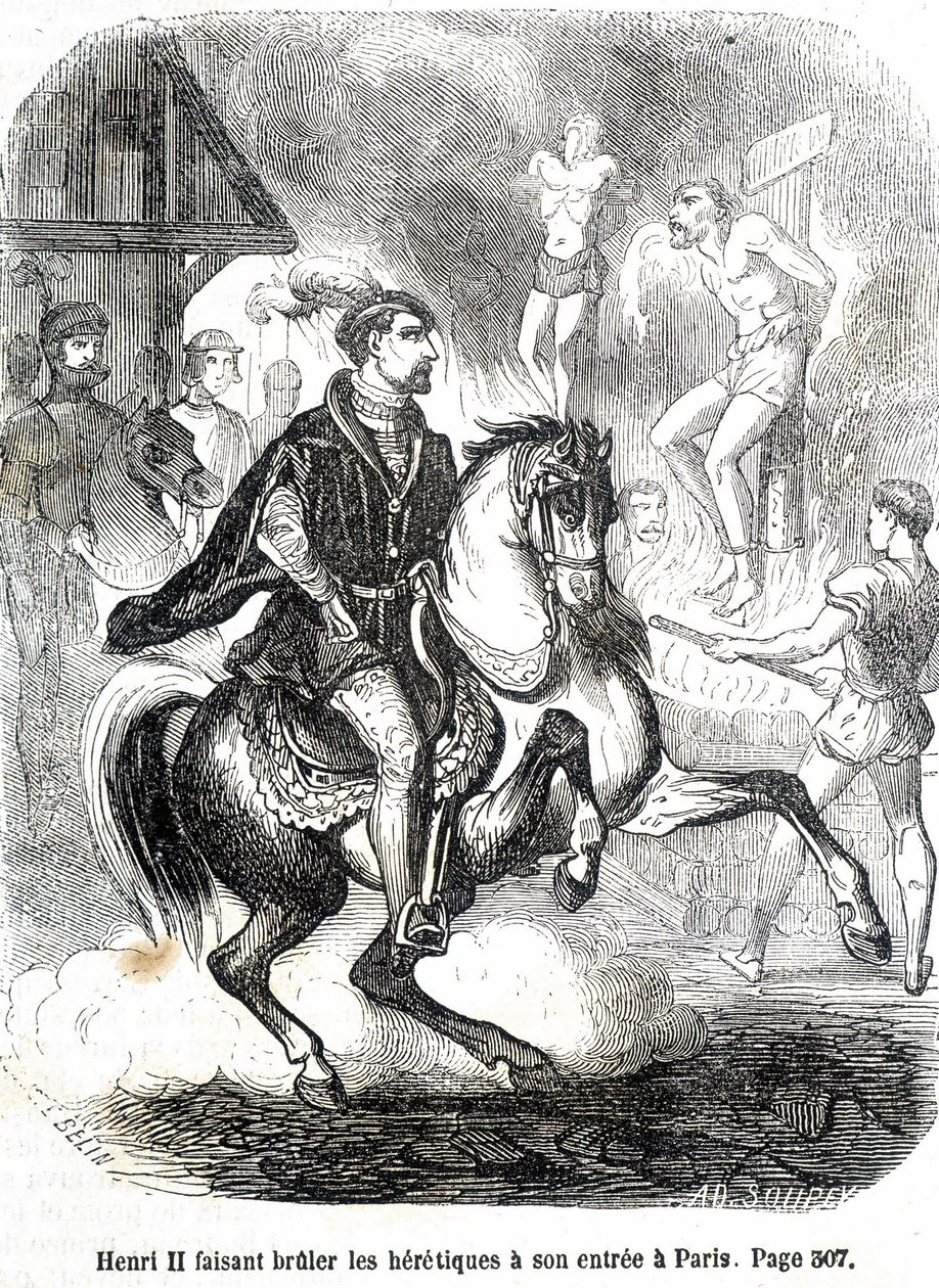 هنري الثاني (1519 - 1559) جعل الزنادقة يحترقون عند مدخله إلى باريس - في "تاريخ فرنسا" بقلم L.-P. Anquetil بواسطة المدرسة الفرنسية