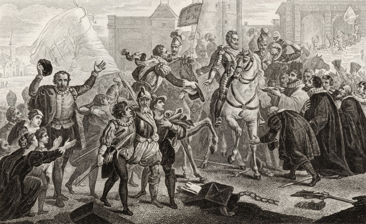 هنري الرابع (1553-1610) يدخل باريس عام 1594 ، من "هيستوار دو فرانس" بقلم كولارت ، نُشر عام 1840 بواسطة المدرسة الفرنسية