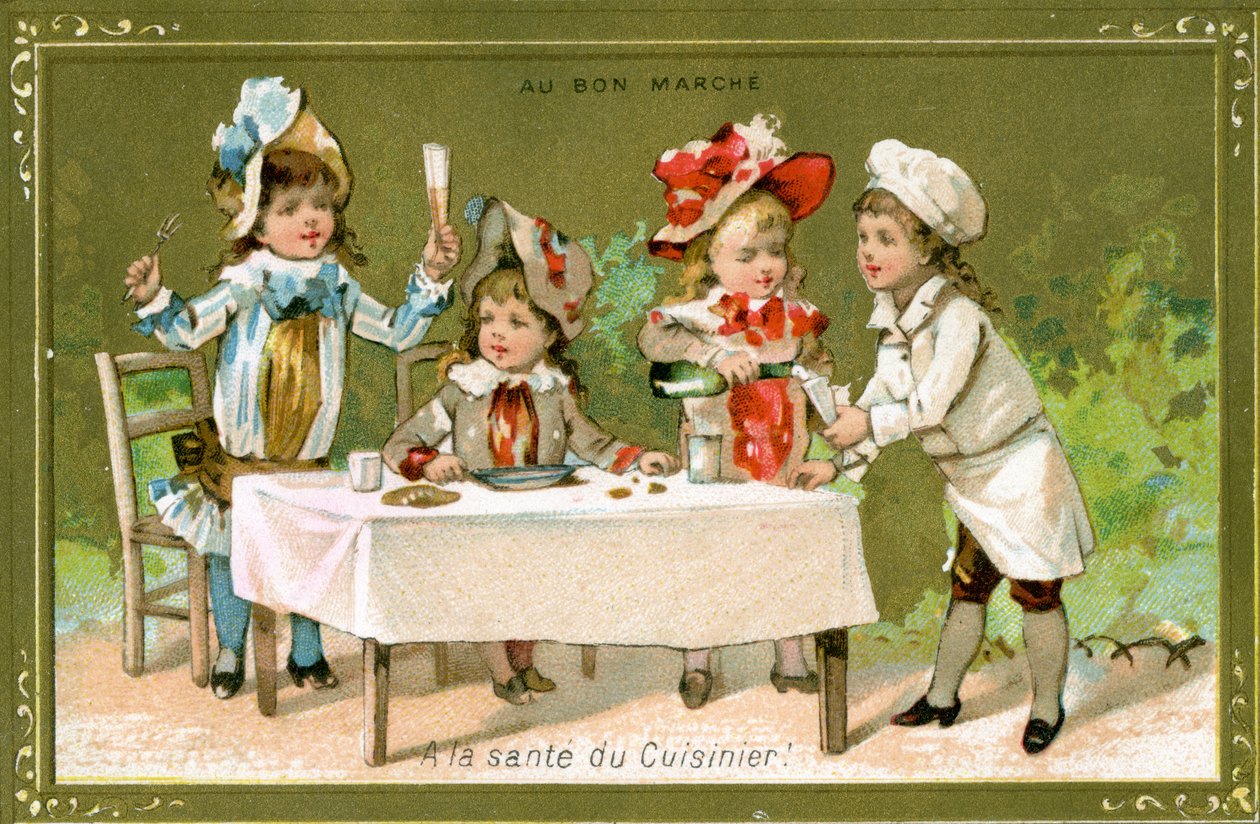 Heres to the Cook !، بطاقة ترويجية من متجر Bon Marché ، ج .1890 بواسطة المدرسة الفرنسية