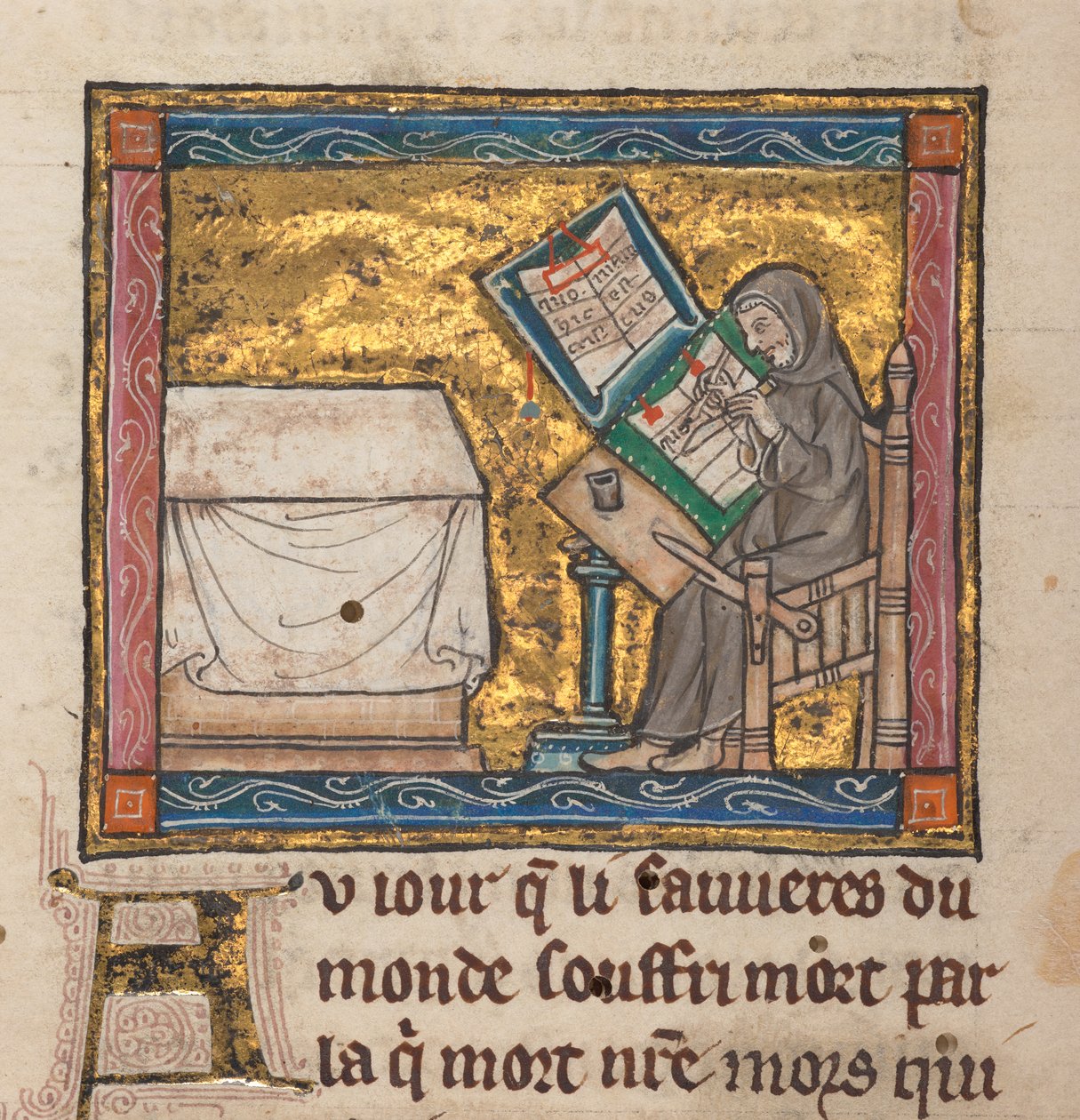 ناسك يكتبون على مكتب ، منمنمة من "Estoire del Saint Graal، La Queste del Saint Graal، Morte Artu"، c.1315-25 (حبر على ورق) بواسطة المدرسة الفرنسية