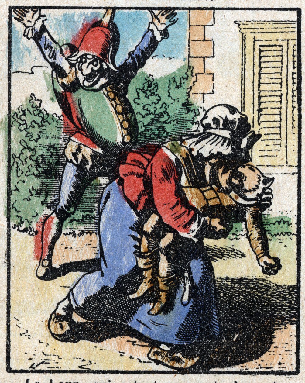 تاريخ الدكتور Pulcinella (Polichinelle). نقش الخشب للتصوير Pellerin - إبينال ، sd. أواخر القرن التاسع عشر. بواسطة المدرسة الفرنسية