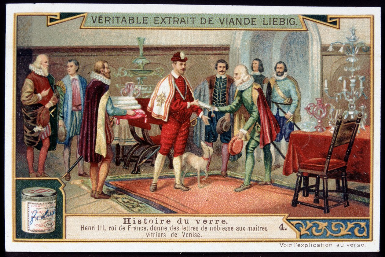 History of Glass: Henry III (1551-1589) King of France gives letters of nobility to the master glaziers of Venice. Late 19th century liebig chromolithography. بواسطة المدرسة الفرنسية