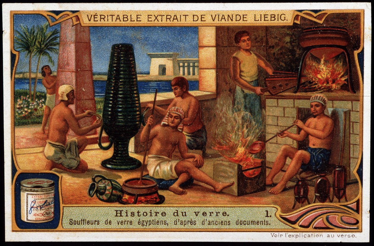 تاريخ الزجاج: نافخات الزجاج المصرية ، بناءً على وثائق قديمة. ليبيج Chromolithography بواسطة المدرسة الفرنسية