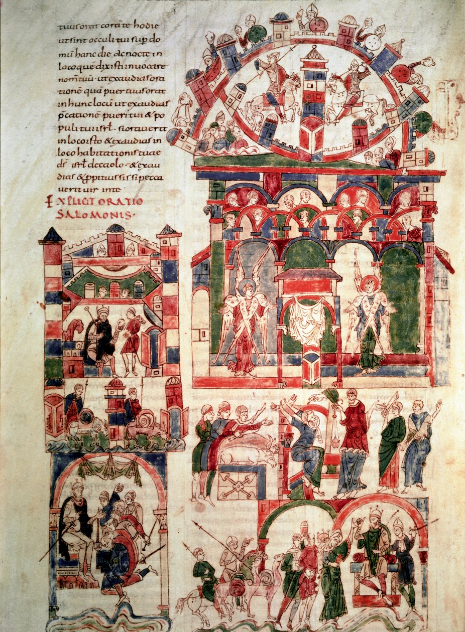 تاريخ حياة الملك سليمان صفحة الكتاب المقدس لنويل (أو الكتاب المقدس لسانت بير دي رودا أو سانت بيير دي روداس) في القرن العاشر أو الحادي عشر باريس ، بي إن بواسطة المدرسة الفرنسية