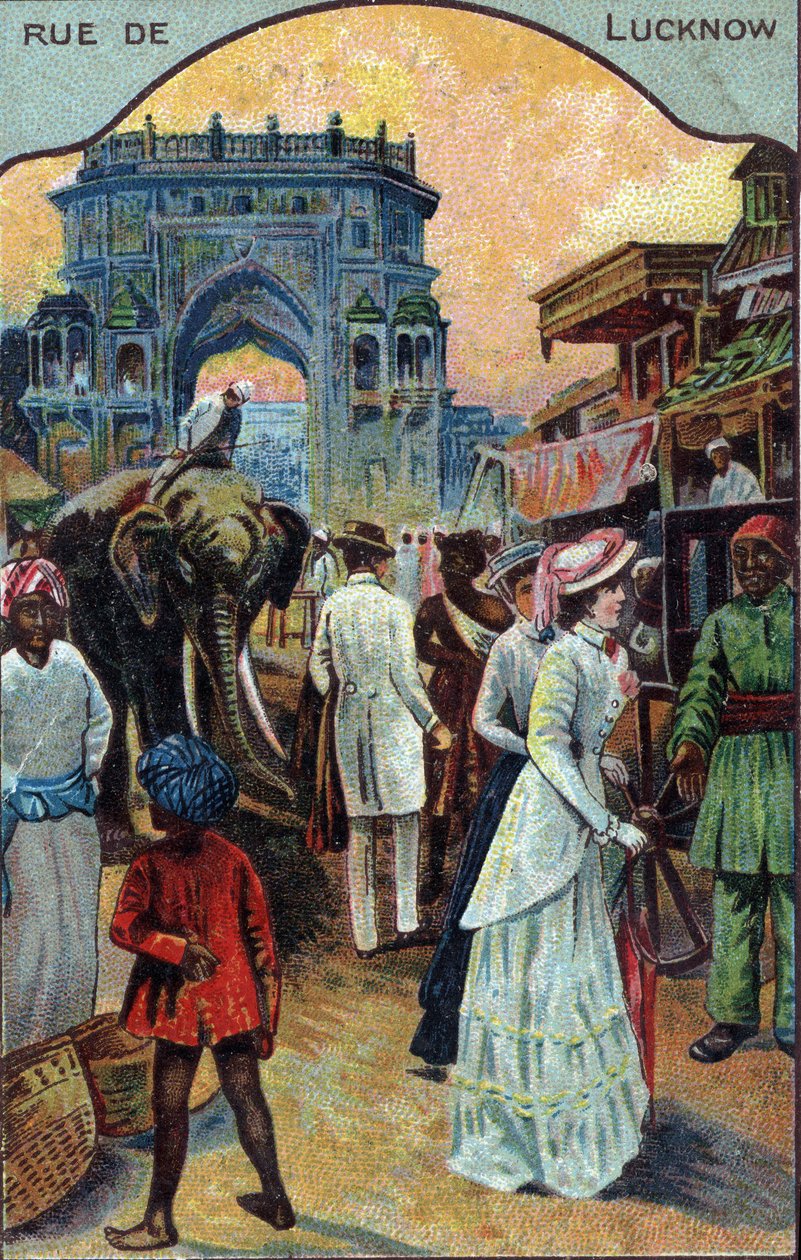 تاريخ السياحة: السياح الغربيون في أحد شوارع لكناو ، الهند (السياح الغربيون في أحد شوارع لكناو ، الهند) الطباعة الحجرية الملونة من القرن التاسع عشر مجموعة خاصة بواسطة المدرسة الفرنسية