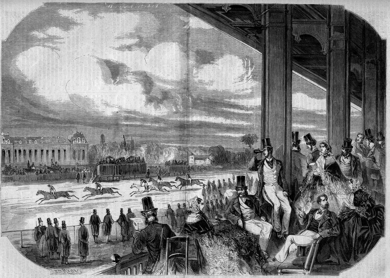 سباق الخيل في ميدان سباق الخيل شانتيلي عام 1858. بواسطة المدرسة الفرنسية