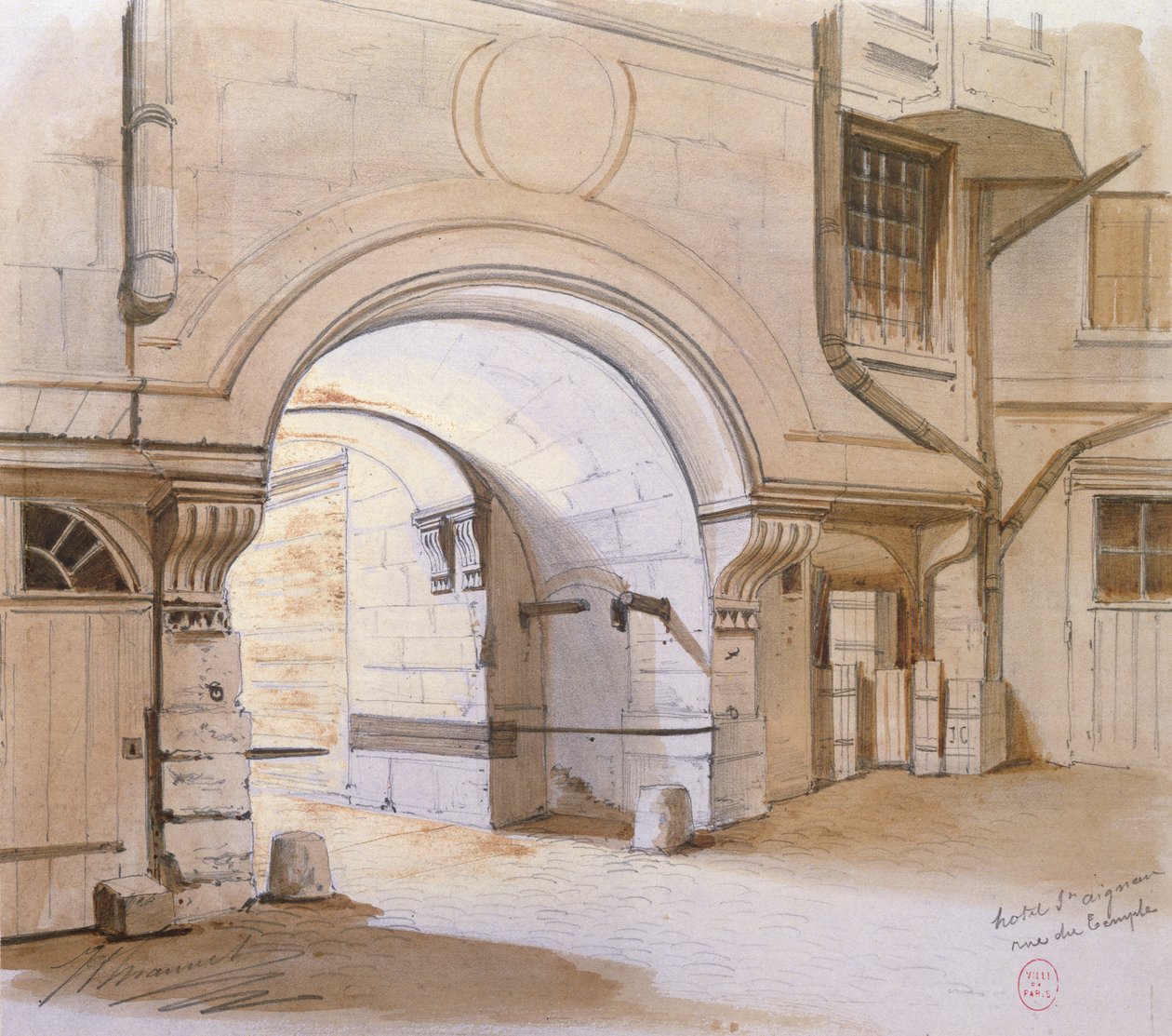 Hotel de Saint-Aignan، Rue du Temple، Paris (Pencil und wc on paper) بواسطة المدرسة الفرنسية
