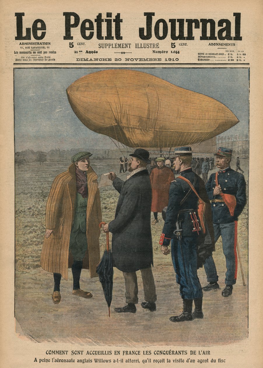 كيف يتم الترحيب بغزاة الهواء في فرنسا ، إرنست ويلوز ، رسم توضيحي من `` Le Petit Journal &39;&39; ، ملحق Illustre ، 20 نوفمبر 1910 بواسطة المدرسة الفرنسية
