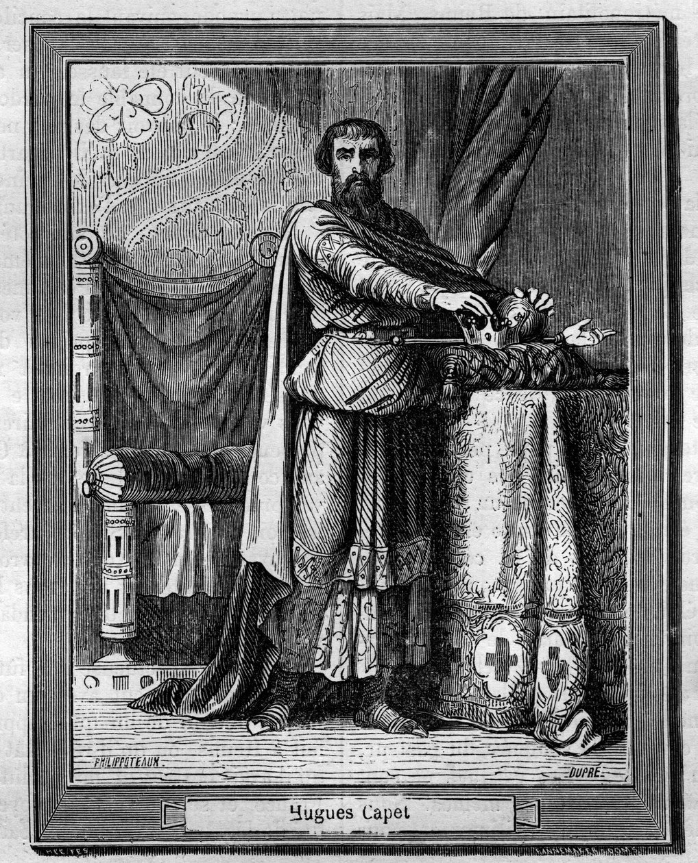 Hugues Capet (940-996) ملك الفرنجة (أسفل) نقش في "Histoire des papes-kings-queens-et-empereurs à travers les years" بقلم موريس لاتشاتر بواسطة المدرسة الفرنسية
