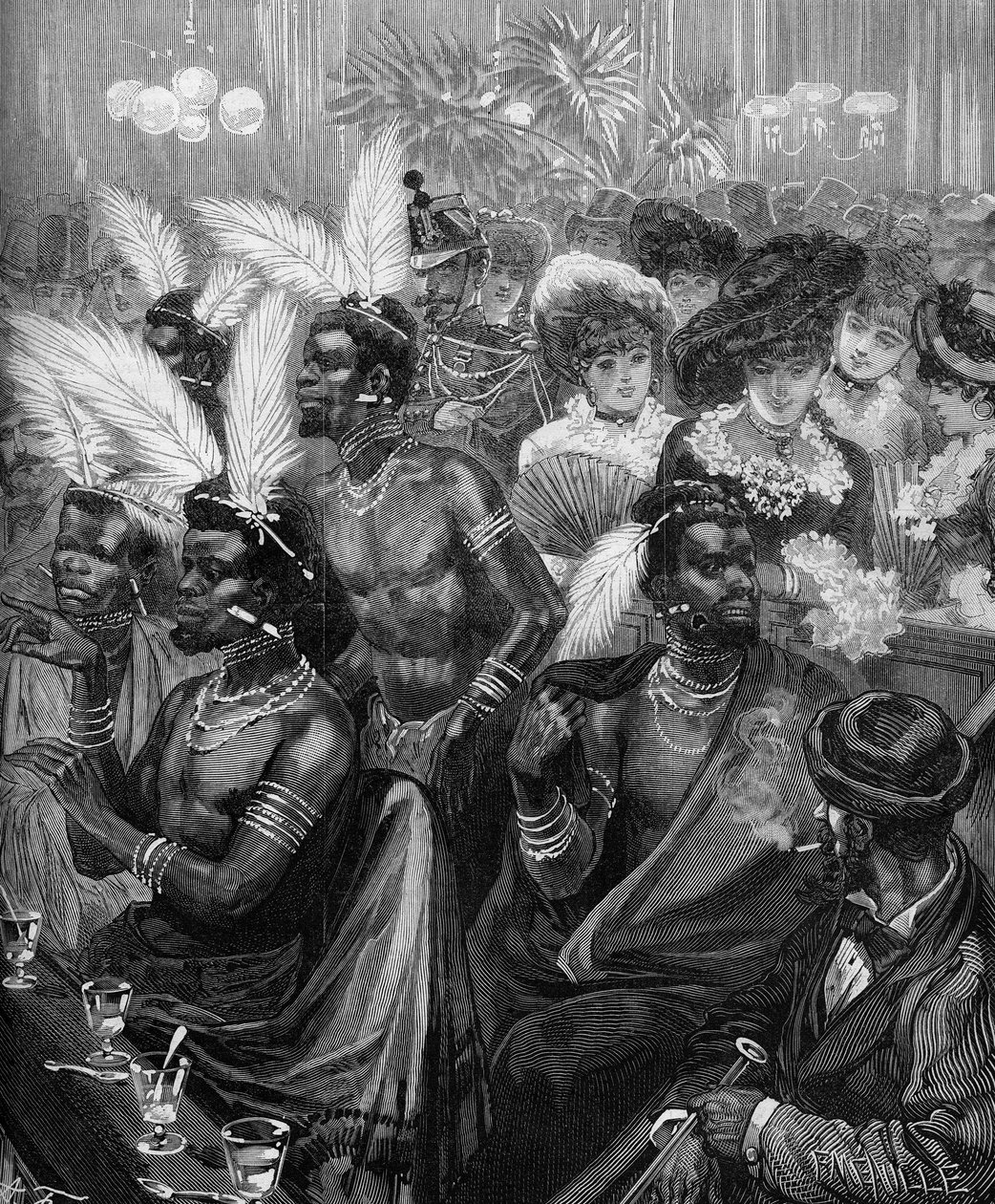 حديقة حيوان الإنسان: عرض محاربو الزولو في نزل في Cabaret des Folies Bergeres (Folies-Bergeres) في باريس عام 1879. نقش في "" Le Monde Illustré "رقم 1178 بتاريخ 21 نوفمبر 1879. بواسطة المدرسة الفرنسية