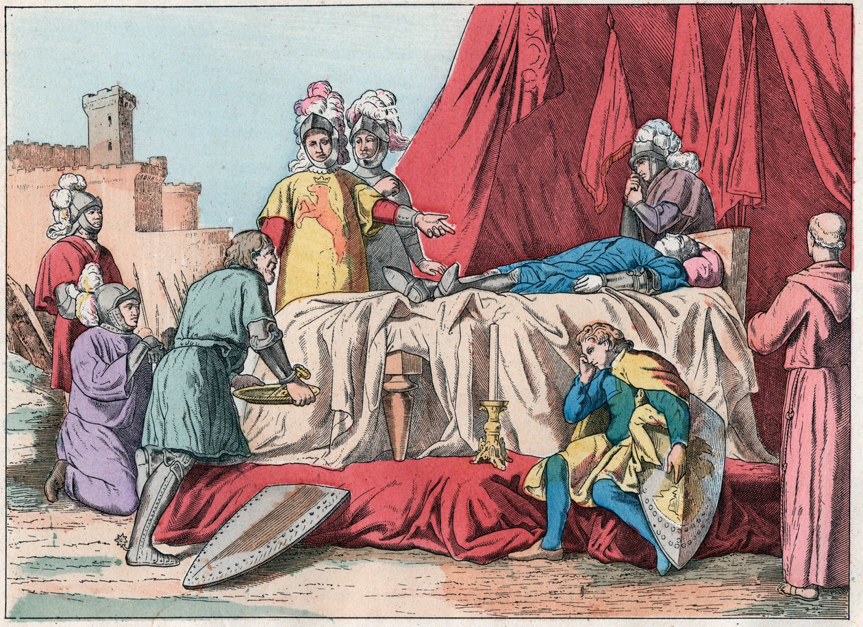حرب المائة عام: "" La mort de Bernard du Guesclin (1320-1380) devant Chateauneuf de Randon le 13/07/1380 "- وفاة Duguesclin (أثناء حصار Chateauneuf-de-Randon في 13 يوليو 1380) - نقش نهاية القرن التاسع عشر في "" Nos Gires بواسطة المدرسة الفرنسية