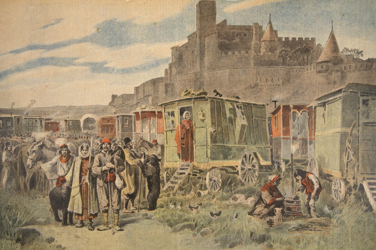 الغجر الهنغاريون خارج كاركاسون ، رسم توضيحي من Le Petit Journal: Supplement illustre ، 18 ديسمبر 1898 بواسطة المدرسة الفرنسية
