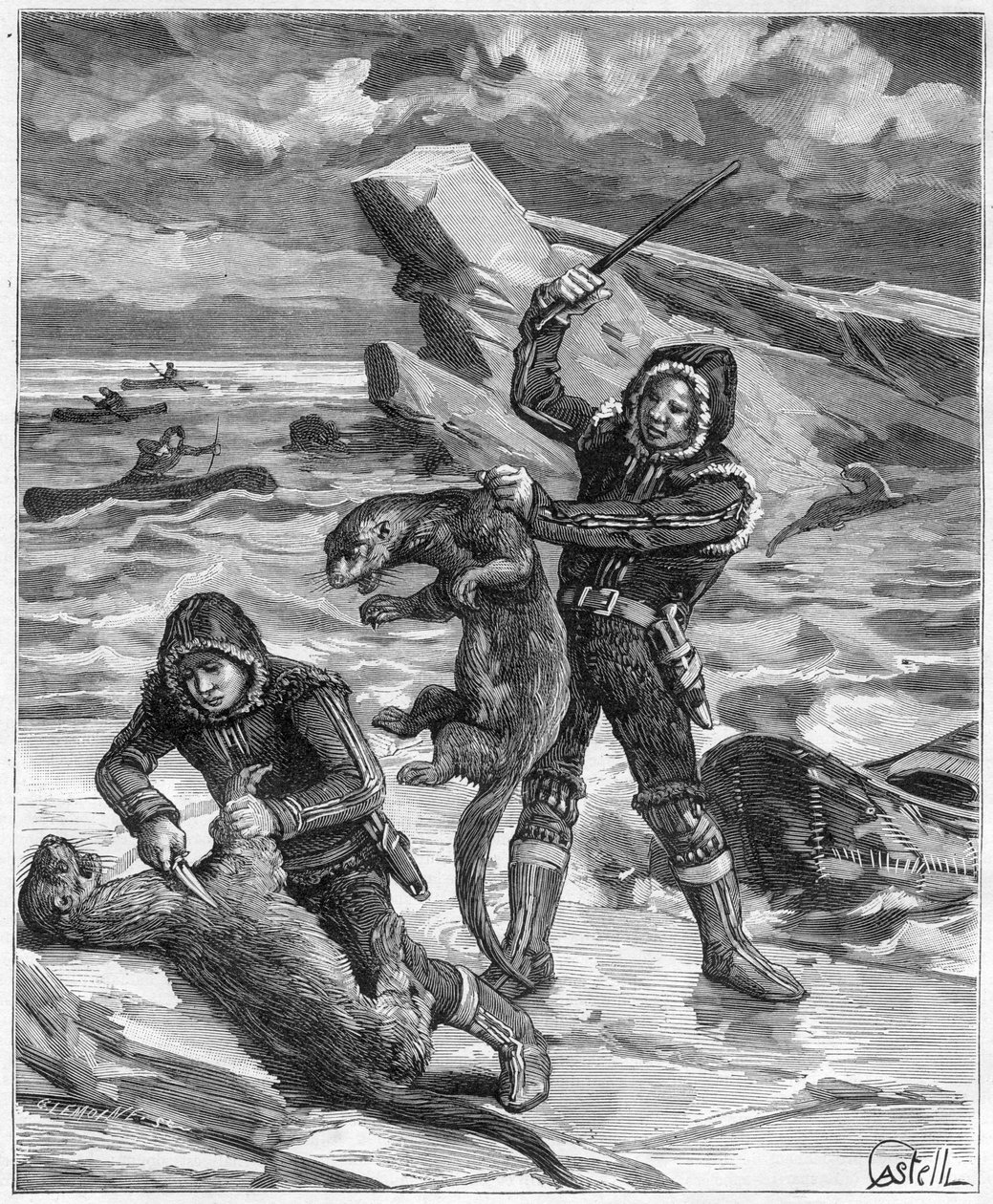 صيادون ثعالب الماء في ألاسكا - صياد ثعالب الماء في ألاسكا في عام 1888 - نقش في "" Journal des Voyages "" "1888 بواسطة المدرسة الفرنسية