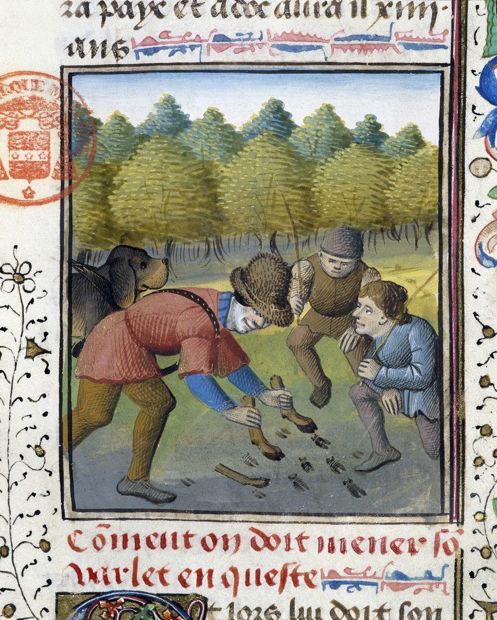 Hunters and Hunting Dog - in “” Hunting Book of Gaston Phoebus, Count of Foix, Lord of Béarn”” بواسطة المدرسة الفرنسية