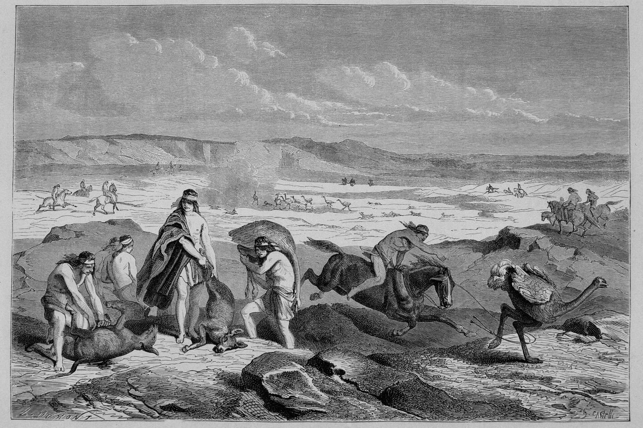 صيد غواناكو (لاما البرية) وناندو (أو النعامة الباتاغونية) في الأرجنتين - في "" Tour du Monde "، الأسبوع الثاني 1861 بواسطة المدرسة الفرنسية