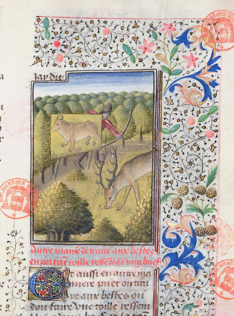هانتسمان يخفي نفسه خلف شرك أثناء اصطياد الأيل ، من Livre de la Chasse بواسطة Gaston Phebus de Foix (1331-91) بواسطة المدرسة الفرنسية