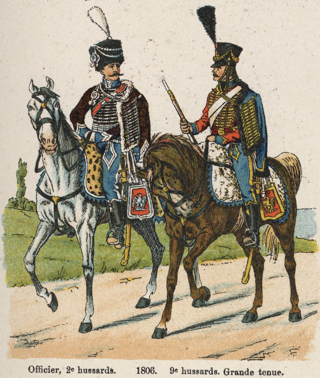 بائع الفرسان الأول An XII (24 سبتمبر 1803): ضابط ، فرسان 2 و 9 فرسان يرتدون ملابس رائعة في عام 1806. لوحة من كتاب Les Uniforms de l'Armee francaise بواسطة Lienhart و Humbert بواسطة المدرسة الفرنسية