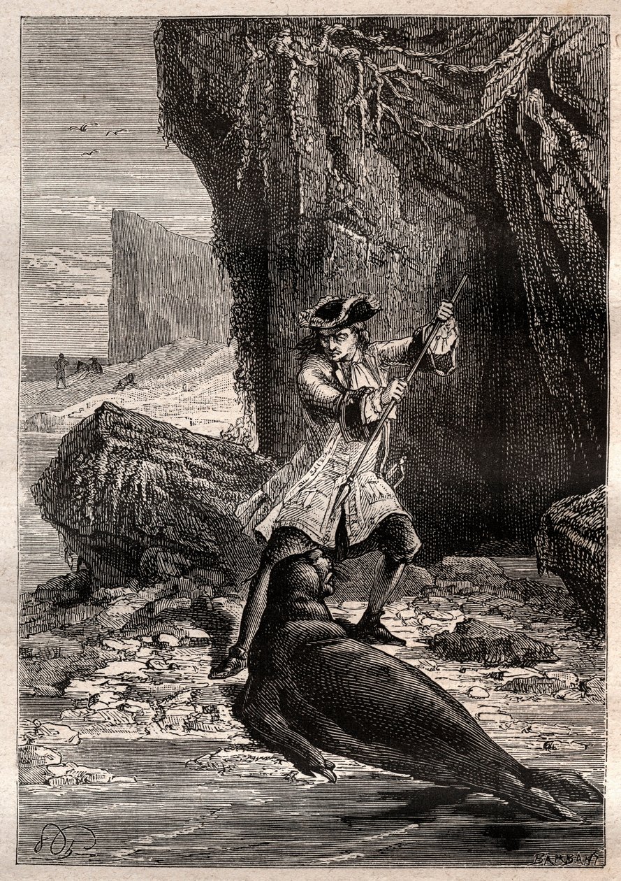 دفعت الأشياء بأسمائها الحقيقية في صدره: هاجم وودز روجرز (1679-1732) كلب بحري (فقمة) في إحدى جزر غالاباغوس في المحيط الهادئ في عام 1709 - رسم توضيحي مأخوذ من "البحارة العظماء في القرن الثامن عشر" بواسطة المدرسة الفرنسية