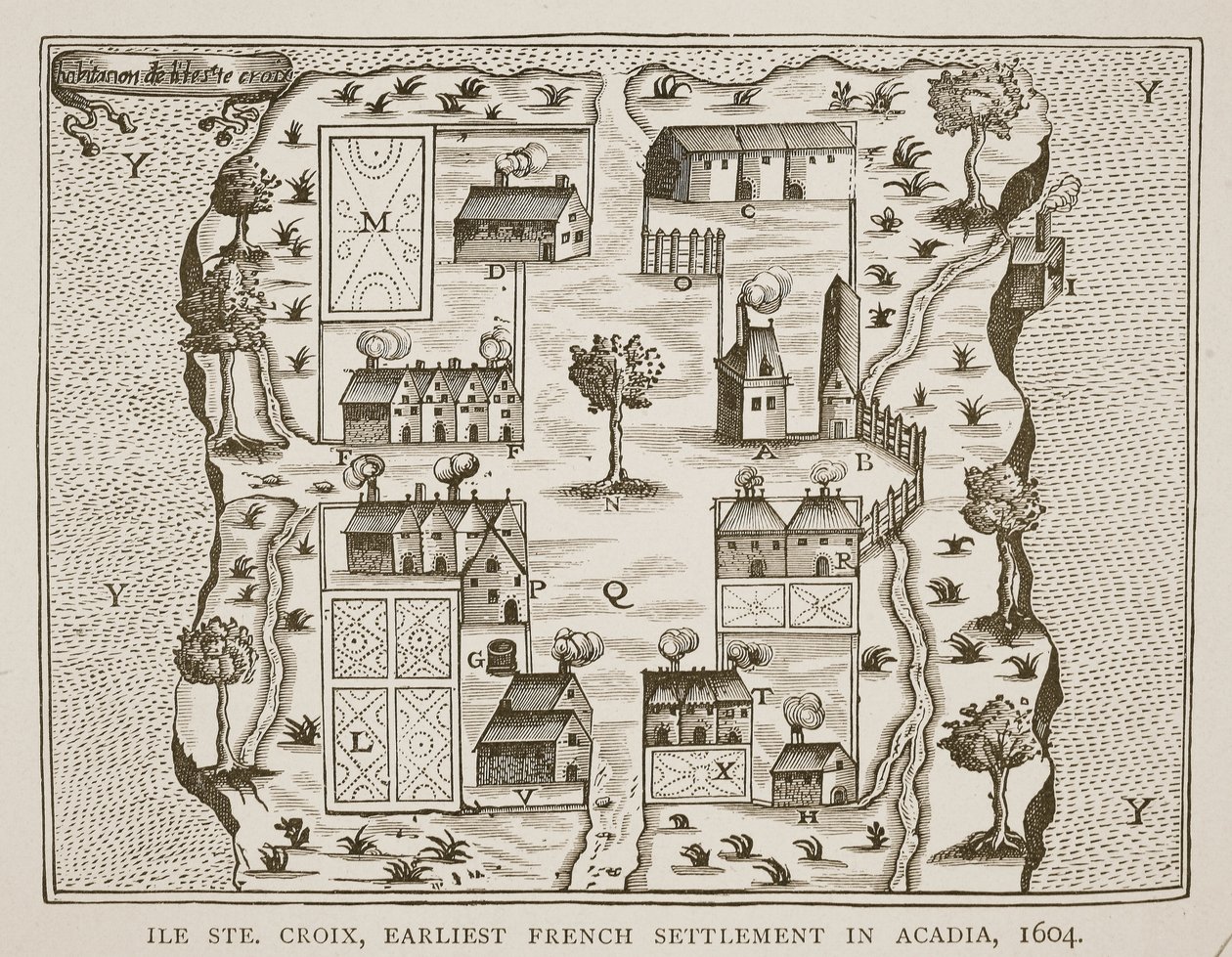 Ile Ste. كروا ، أول مستوطنة فرنسية في أكاديا ، 1604 ، من رحلات صموئيل دي شامبلين (c.1580-1635) ، 1613 بواسطة المدرسة الفرنسية
