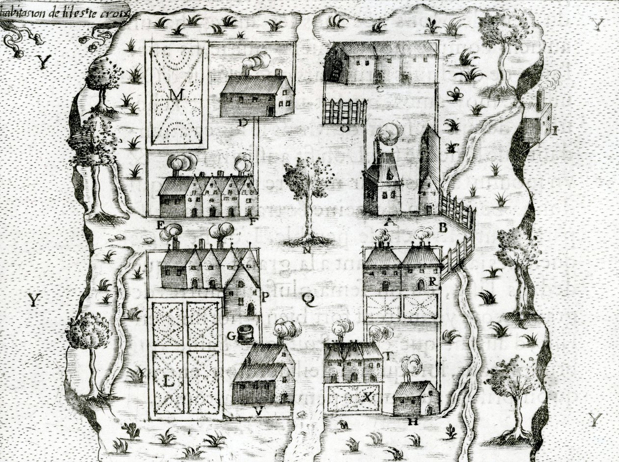 Ile Ste. كروا ، أول مستوطنة فرنسية في أكاديا ، 1604 ، من رحلات صموئيل دي شامبلين (c.1580-1635) ، 1613 بواسطة المدرسة الفرنسية