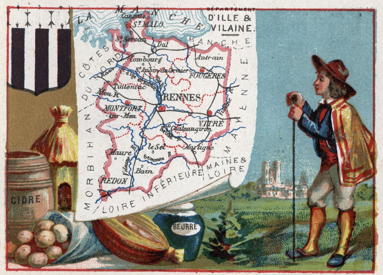 Ille-et-Vilaine (Ille et Vilaine، 35) ، بريتاني ، فرنسا. عصير التفاح والزبدة. سلسلة عن الأقسام الفرنسية. الطباعة الحجرية الملونة (Chromo) "" الخيط الجغرافي "" ، حوالي عام 1920. مجموعة خاصة. بواسطة المدرسة الفرنسية
