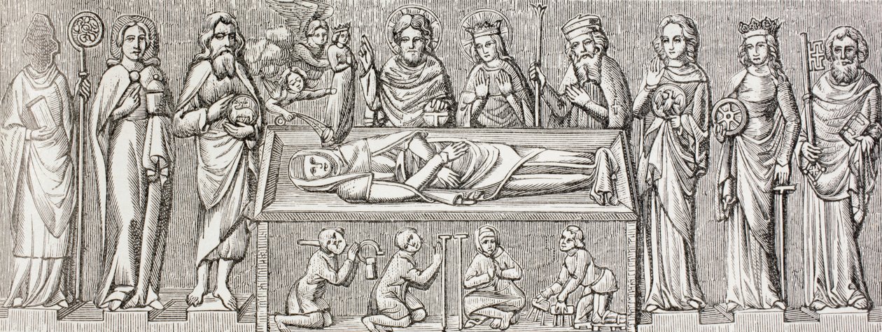 رسم توضيحي بعد النقش البارز على مقبرة إليزابيث في المجر ، من "الحياة العسكرية والدينية في العصور الوسطى" بقلم بول لاكروا ، لندن المنشورة 1880 بواسطة المدرسة الفرنسية