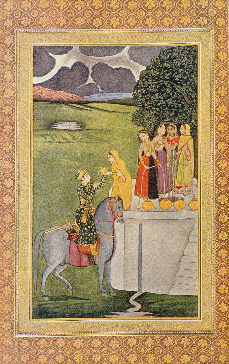رسم توضيحي للأمير نورجيلان ووجه مراهق ليلي ، من The Arabian Nights ، 1895 (نقش ملون) بواسطة المدرسة الفرنسية