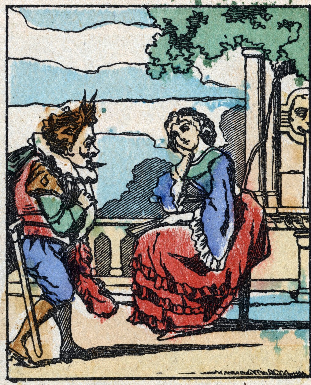 رسم توضيحي لـ "" Riquet a la houppe "، حكاية تشارلز بيرولت (1628-1703) ، الكاتب الفرنسي نقش الخشب للتصوير Pellerin - إبينال ، sd. أواخر القرن التاسع عشر. بواسطة المدرسة الفرنسية