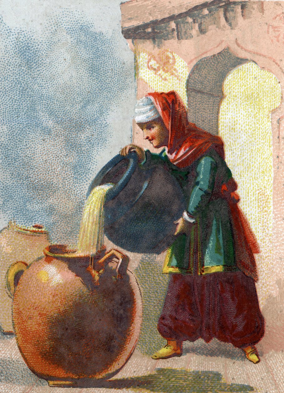 رسم توضيحي لحكايات الألف ليلة وليلة. أدرك مورجيان ، عبد علي بابا (علي بابا) ، أن المزهريات تحتوي على لصوص ، فقتلهم بصب الزيت المغلي في كل إناء. الطباعة الحجرية الملونة حوالي عام 1890. بواسطة المدرسة الفرنسية
