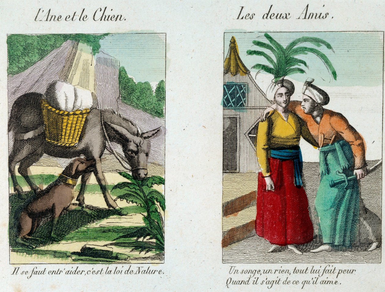 رسم توضيحي لخرافات جان دو لا فونتين (1621-1695): يسار "" الحمار والكلب "" "على اليمين" "Les deux amis" "نقش من القرن التاسع عشر. متحف لافونتين ، شاتو تييري بواسطة المدرسة الفرنسية