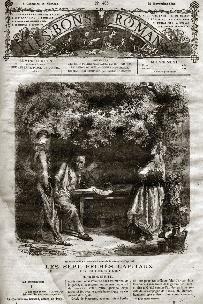 ظهر الرسم التوضيحي لرواية يوجين سو "العواصم السبعة" في "The Bons Romans" في 29/11/1864 بواسطة المدرسة الفرنسية
