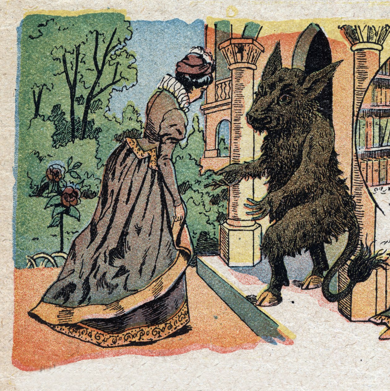 رسم توضيحي لحكاية "La Belle et la Bete": يصل الجميل إلى قلعة Bete. نقش على صور كوين ، حوالي عام 1890. بواسطة المدرسة الفرنسية