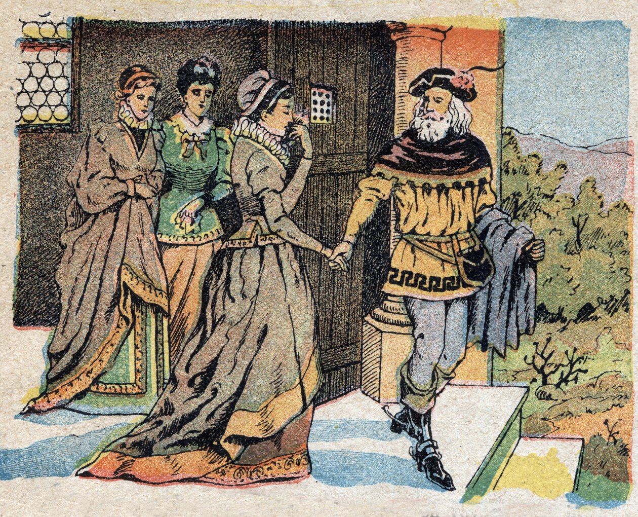 رسم توضيحي لحكاية "La Belle et la Bete": التاجر المغادر في رحلة ودع بناته الثلاث ووعدهن بهدية عند عودته. نقش على صور كوين ، حوالي عام 1890. بواسطة المدرسة الفرنسية