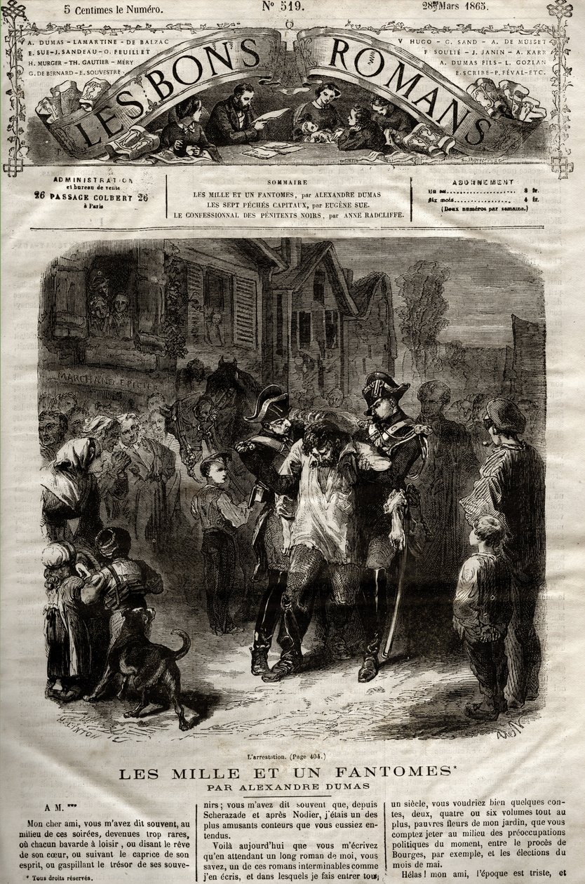 ظهر رسم توضيحي من رواية "The Thousand Un Fantomes" للكاتب ألكسندر دوما في "" The Bons Romans "بتاريخ 28/03/1865 بواسطة المدرسة الفرنسية